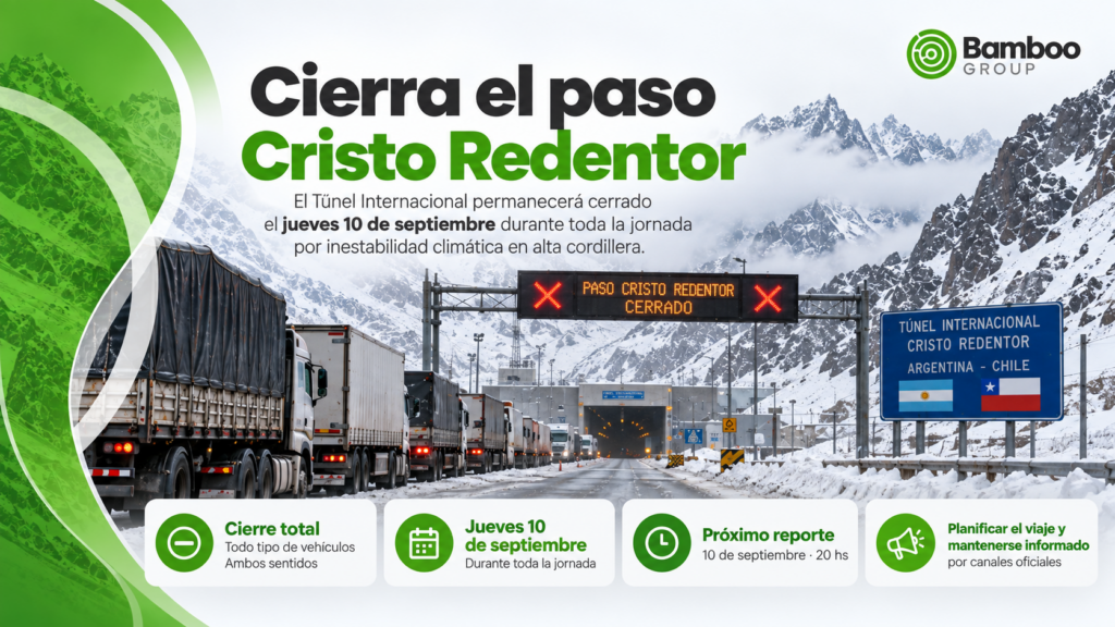 Paso Cristo Redentor cerrado por inestabilidad climática, con camiones detenidos frente al túnel internacional entre Argentina y Chile.