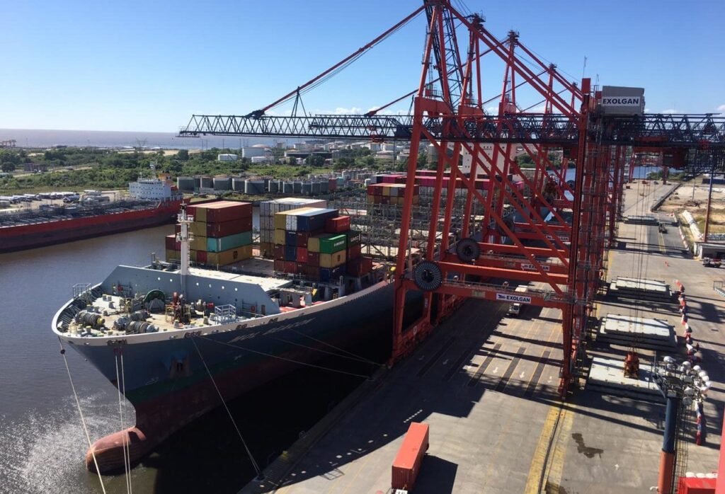 Buque Post‑Panamax atracado en la terminal de Exolgan, Dock Sud