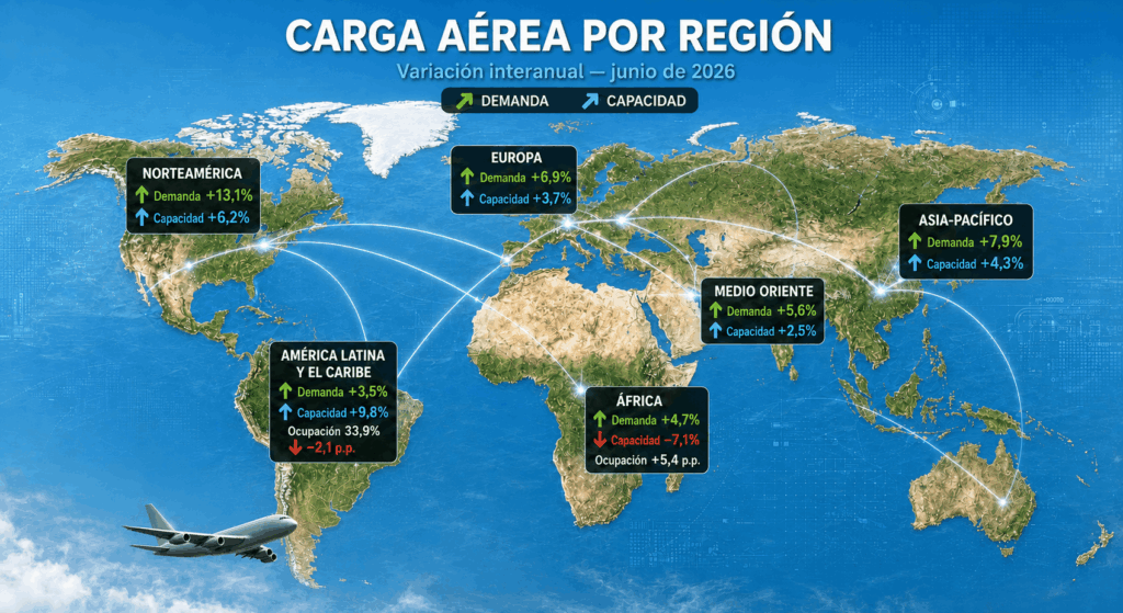 Crecimiento regional de la carga aérea mundial en junio