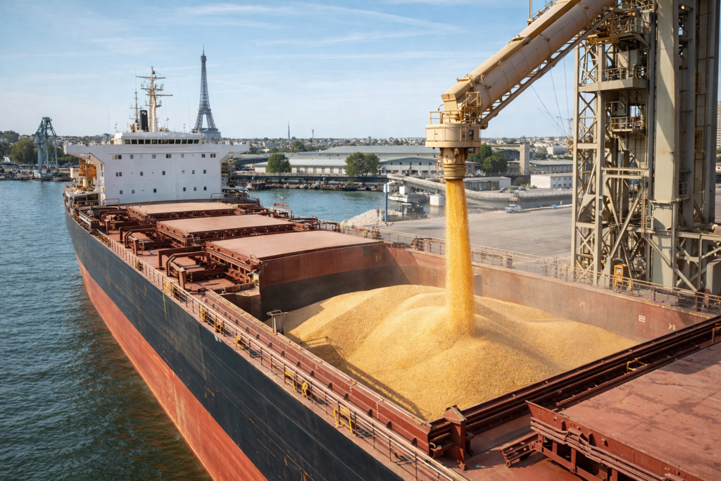 Exportación de maíz desde puertos argentinos mediante buques graneleros.