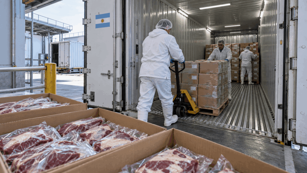 Carga de carne argentina en un contenedor refrigerado