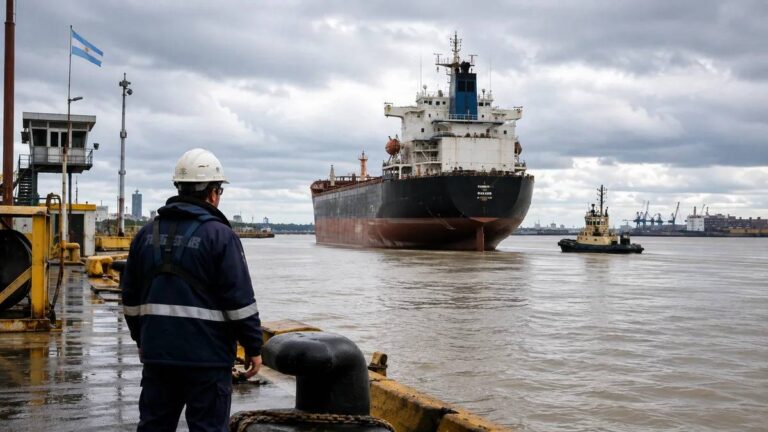 Barco de practicaje navegando para asistir las maniobras de ingreso y salida de buques en un puerto argentino.