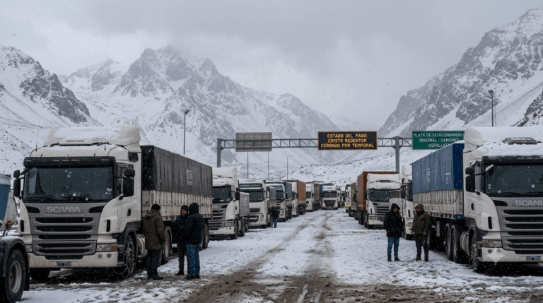 Camiones detenidos por el cierre del Paso Internacional Cristo Redentor debido a la acumulación de nieve.