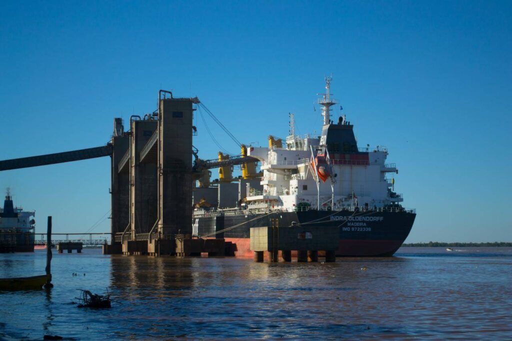 Puerto de Rosario con buques graneleros durante el repunte agroexportador argentino