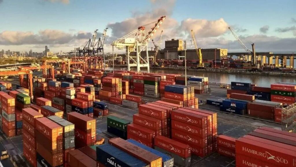 Contenedores y grúas en Dock Sud, mostrando el movimiento de TEUs en Buenos Aires.
