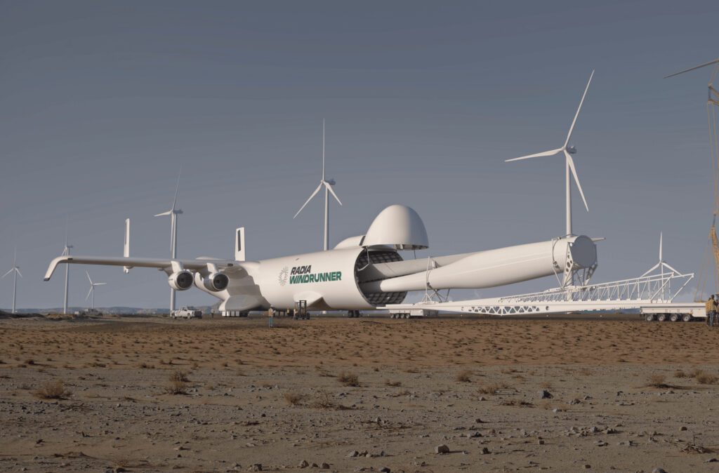 avión WindRunner sobre parque eólico terrestre